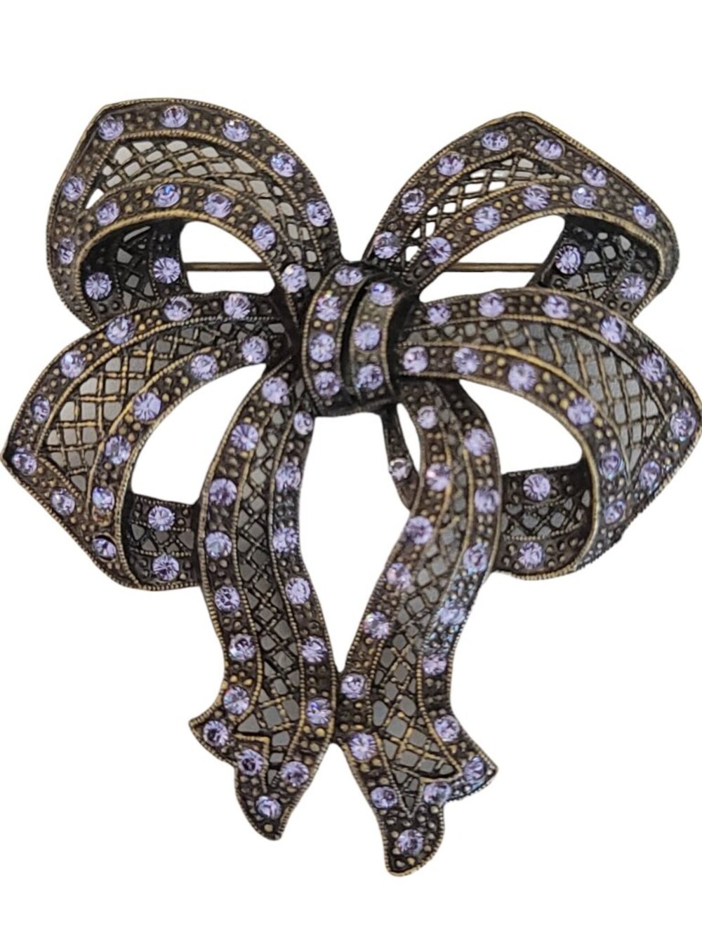 Sweet Romance Bronze Tone Purple Rhinestone Bow Brooch, Signed K354